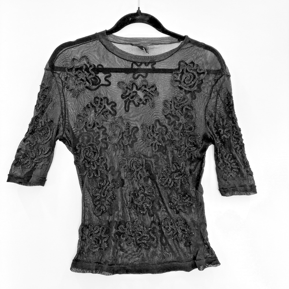 Vintage Vivienne Tam Sheer Mesh Beaded Top Y2K Avant Garde Womens Size 3 S Black